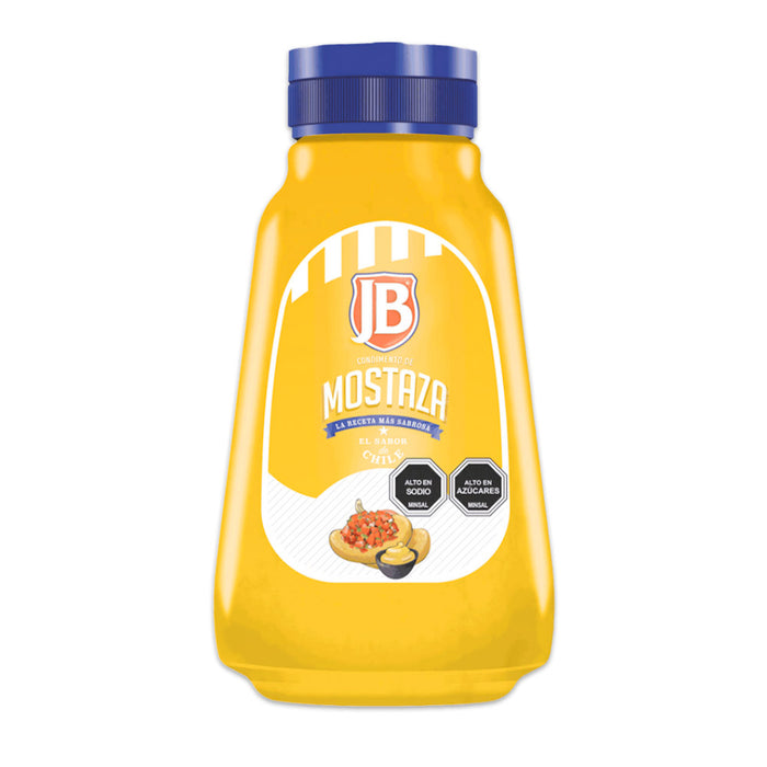 A yellow bottle of mustard with a blue cap and a red JB logo on the front. 