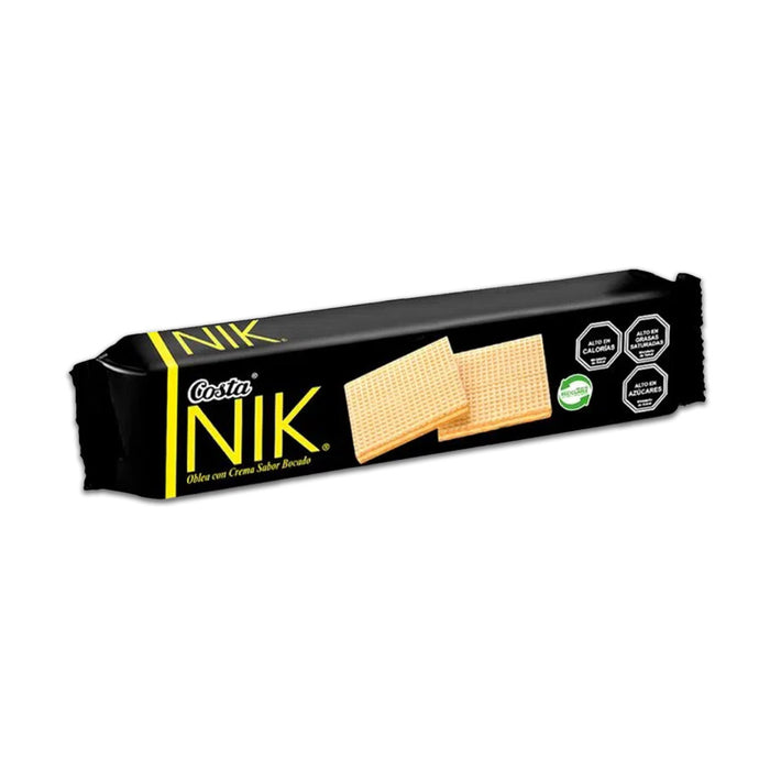 A black package of Nik cookies with yellow text.