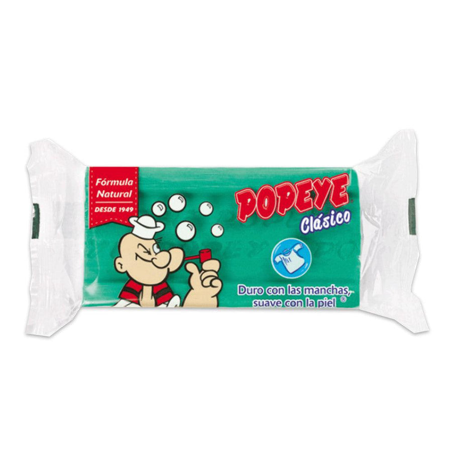 Una pastilla de jabón verde con Popeye haciendo pompas.
