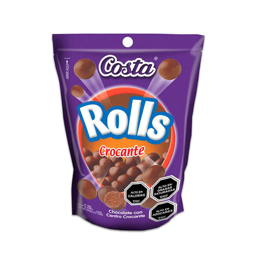 A deep purple bag with the word Rolls in large text.