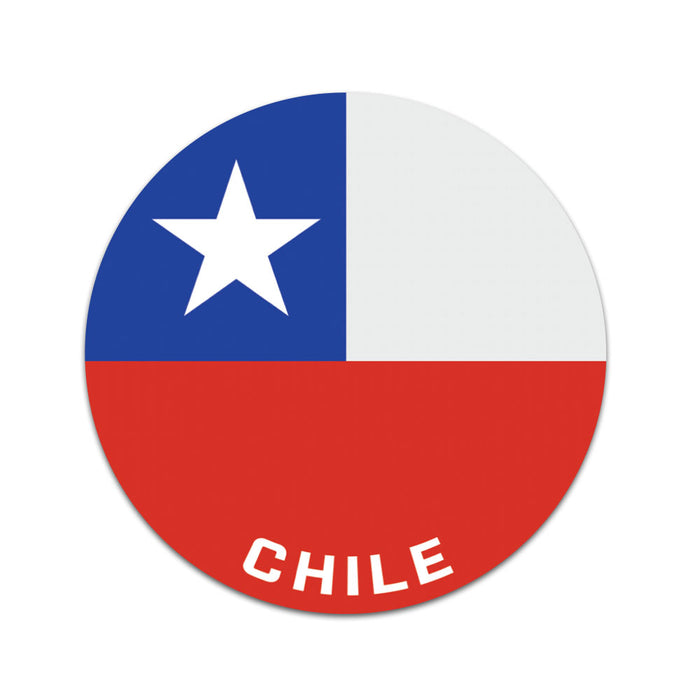 3x3 round Chilean flag sticker with the word Chile at the bottom.