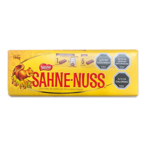 A 160 gram bar of Chocolate Sahne-Nuss wrapped in a yellow packaging.