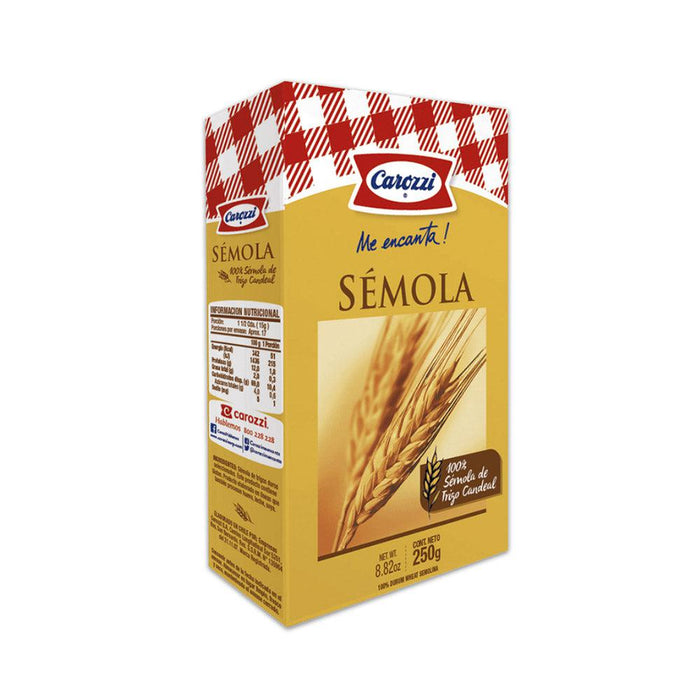 A red and yellow box of Sémola from Carozzi. A product imported from Chile.