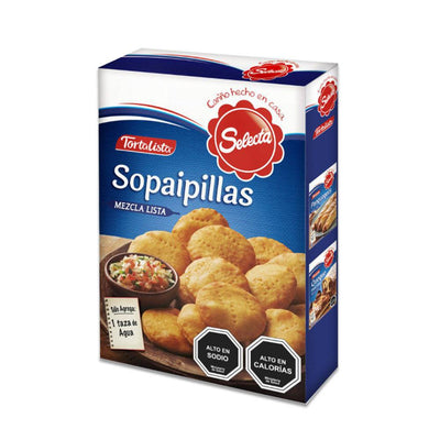 Box of Tortalista Selecta Sopaipillas with a picture of sopaipillas and a bowl of salsa on a white background.