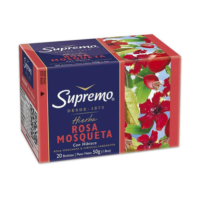Una caja roja de Té Rosa Mosqueta de Supremo.