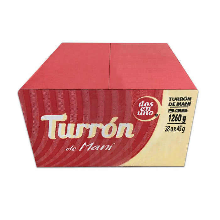 A large red box of Turrón de Maní containing 28 units. A product of Chile.