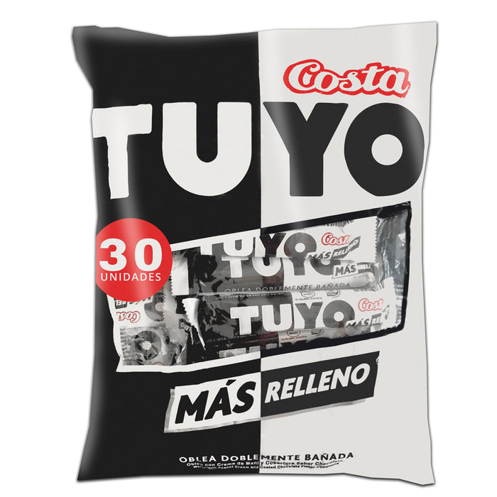 A large black and white bag of Tuyo chocolate bars imported from Chile.