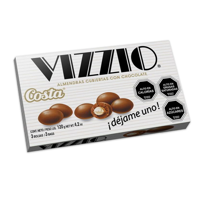 A white box of Vizzio chocolate covered almonds from Costa. A product from Chile.