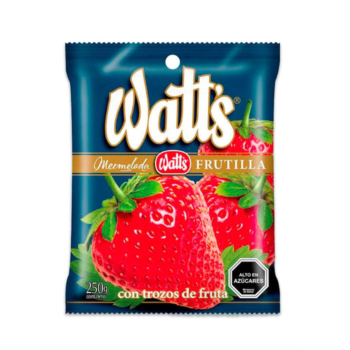 A bag of Watt's strawberry jam imported from Chile.