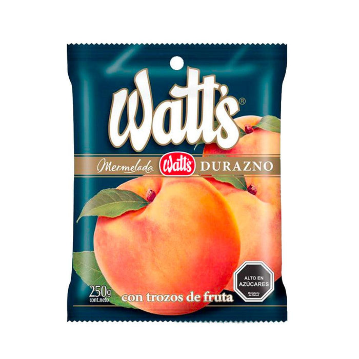 A bag of Watt's durazno jam imported from Chile.
