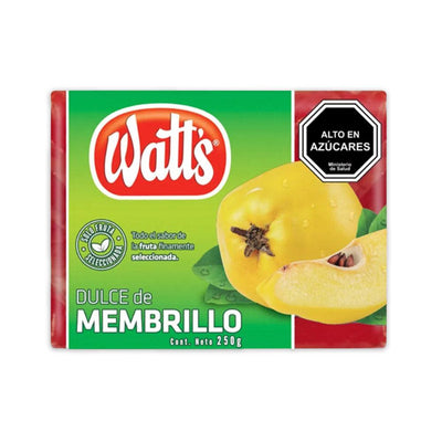 A 250 gram package of fruit spread with green and yellow packaging and a dark red color.