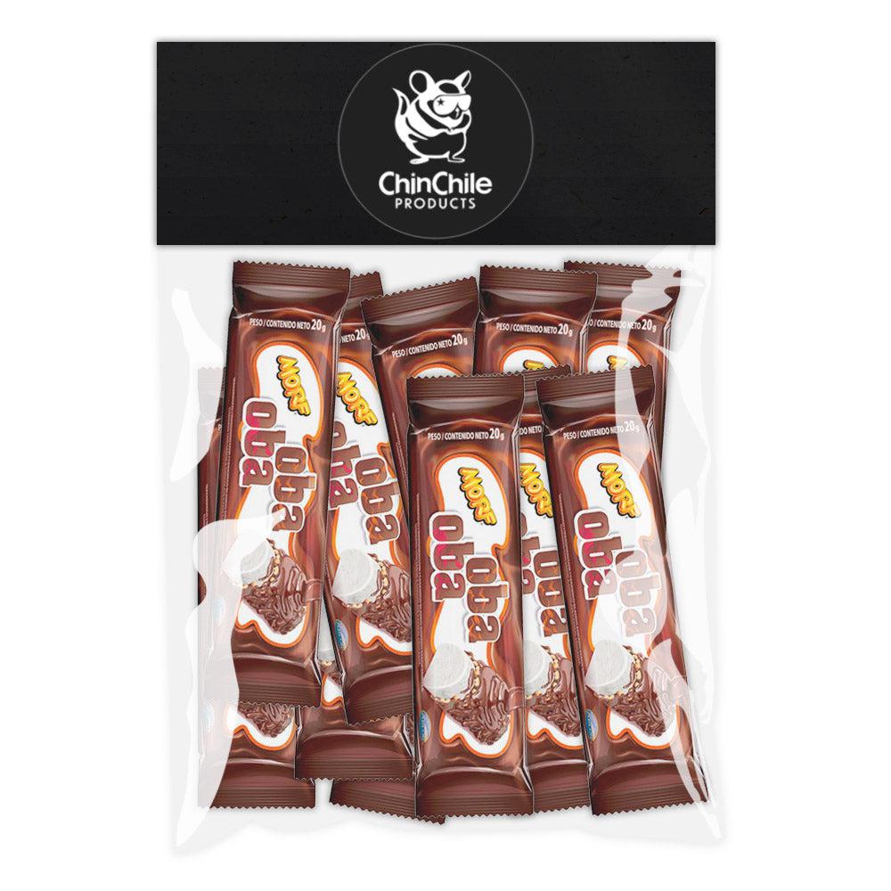 Bolsa transparente de 10 unidades de Barras de chocolate con malvavisco Oba Oba en envase marrón.