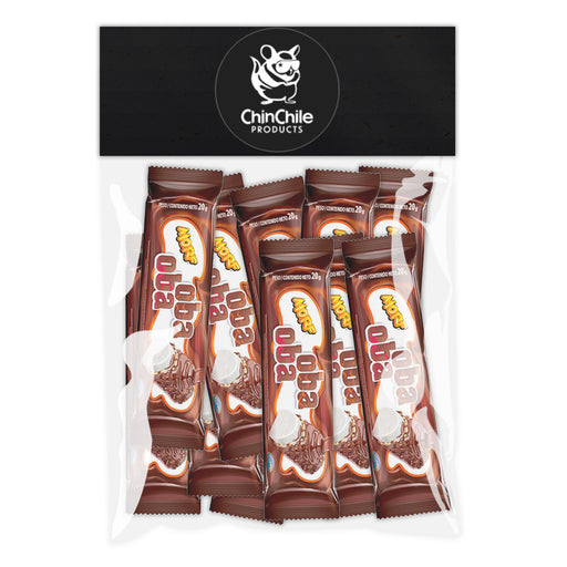 A 10 unit clear bag of Oba Oba marshmallow chocolate bars in brown packaging.